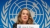 Amy Pope, the new director general of the International Organization for Migration (IOM) attends a news conference in Geneva, Switzerland, Oct. 2, 2023. 
