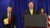 Conférence de presse de Mike Pompeo, en compagnie de John Bolton, conseiller en matière de sécurité nationale, à gauche, et Nikki Haley, ambassadrice américaine à l'Onu, à droite, 73è Assemblée générale des Nations unies, New York, le 24 septembre 2018.