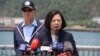 FILE - Taiwan's President Tsai Ing-wen speaks after inspecting navy exercises at Suao naval station, in Yilan County, northeast of Taiwan, April 13, 2018. 