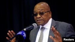 FILE - South Africa's President Jacob Zuma addresses an anti-crime meeting in Elsie's River, Cape Town, South Africa, May 30, 2017. 