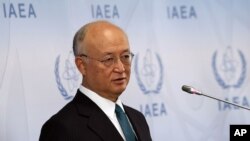6일 국제원자력기구 IAEA의 아마노 유키야 사무총장이 오스트리아 빈에서 열린 상반기 이사회 회의 후 기자회견을 하고 있다.