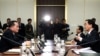 남북 고위급회담이 2년만에 9일 판문점 '평화의 집'에서 열렸다. 남측 단장 조명균 통일부 장관(오른쪽)의 발언을 북측 단장 리선권 조국평화통일위원회 위원장이 듣고 있다.