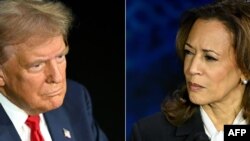 美国副总统兼民主党总统候选人卡玛拉·哈里斯（右）与美国前总统兼共和党总统候选人唐纳德·特朗普9月10日在宾夕法尼亚州费城国家宪法中心举行总统候选人辩论。
