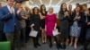 New York Times staff writers, 3rd L - R; Jodi Kantor, Megan Twohey, senior enterprise editor Rebecca Corbett and reporter Cara Buckley celebrate with colleagues in the newsroom after the team they led won the 2018 Pulitzer Prize for Public Service in New 